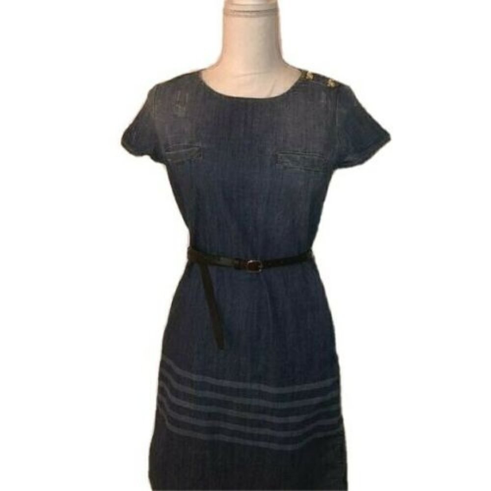 Dsquared2 Dress Size 38 Womens Distressed Denim Belt Snap Short Sleeve Blue